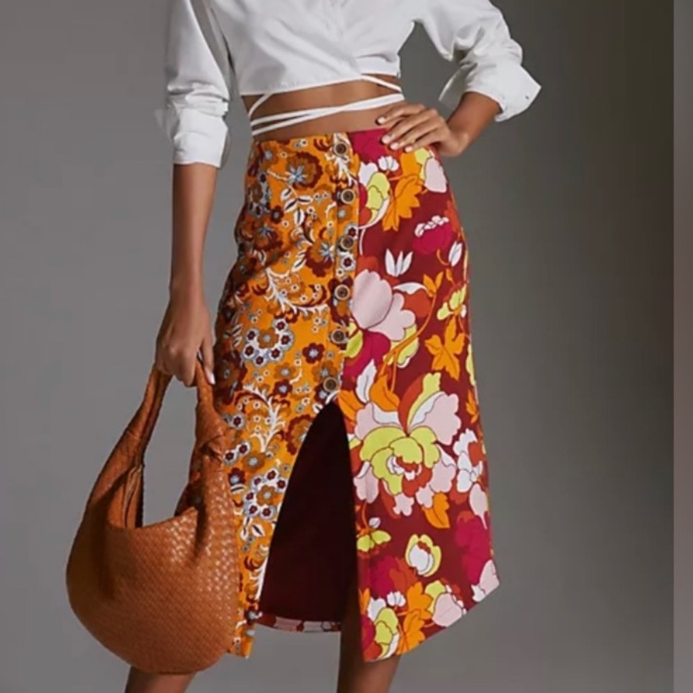 Maeve Anthropologie Button Front Cutout Midi Skirt  Boho Retro Floral‎ Sz Small